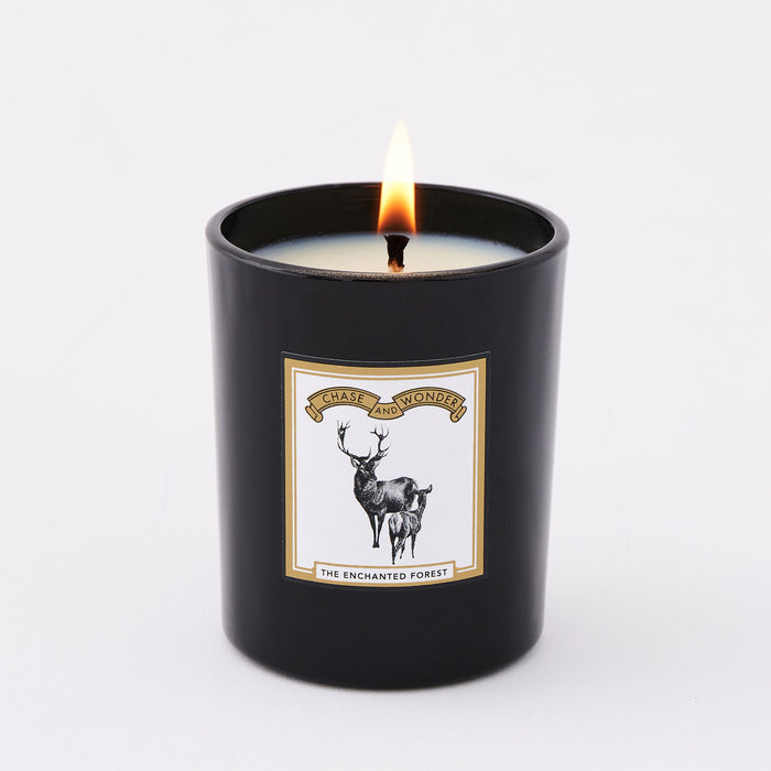 The Enchanted Forest scented glass candle lit, warm glow through black glass