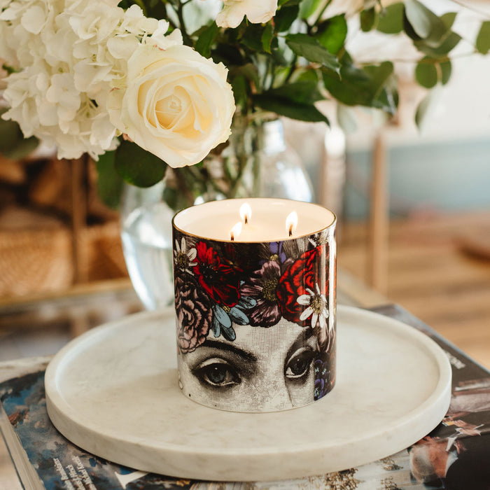 The Flower Lady 3 Wick Special Edition ceramic candle, close-up of the hand-decorated illustration and 22ct gold rim