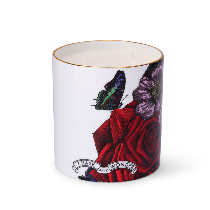 The Flower Lady 3 Wick Special Edition ceramic candle by Chase and Wonder, fine china with 22ct gold