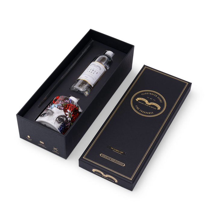 The Flower Lady Reed Diffuser Special Edition ceramic reed diffuser by Chase and Wonder, fine china with 22ct gold