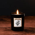 The Flower Lady Luxury Scented Glass Candle by Chase and Wonder, elegant black glass vessel with gold lid