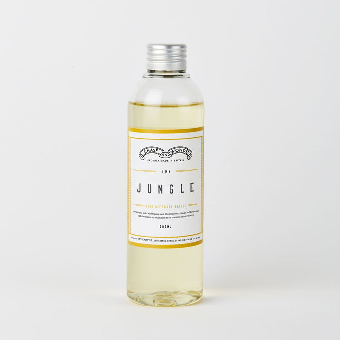 The Jungle Luxury Reed Diffuser Refill by Chase and Wonder, 200ml bottle of alcohol-free fragrance oil
