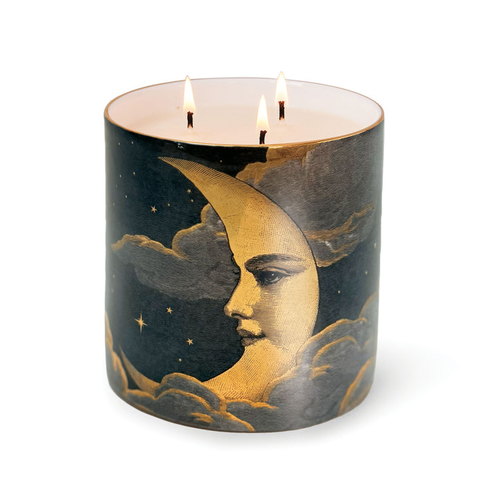 The Land of Nod 3 Wick Scented ceramic candle, close-up of the hand-decorated illustration and 22ct gold rim