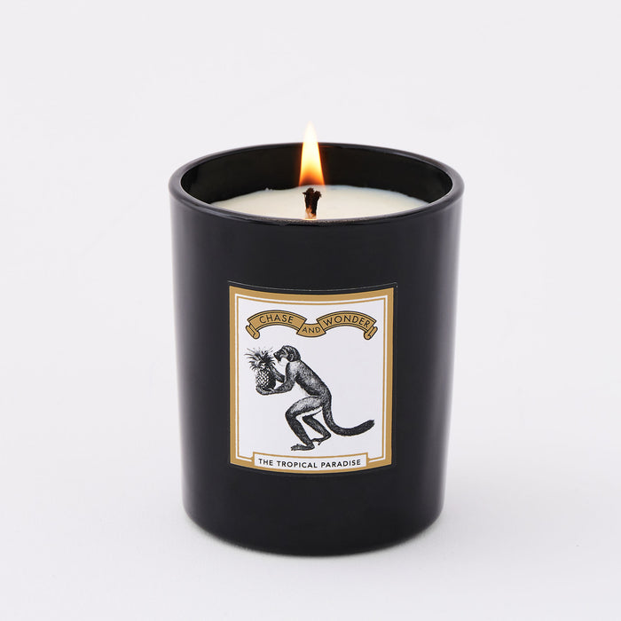 The Tropical Paradise scented glass candle lit, warm glow through black glass