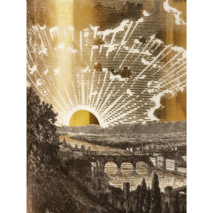 The Tuscan Sunset 3 Wick Scented ceramic candle lit, showing the warm glow of the flame in the fine china vessel
