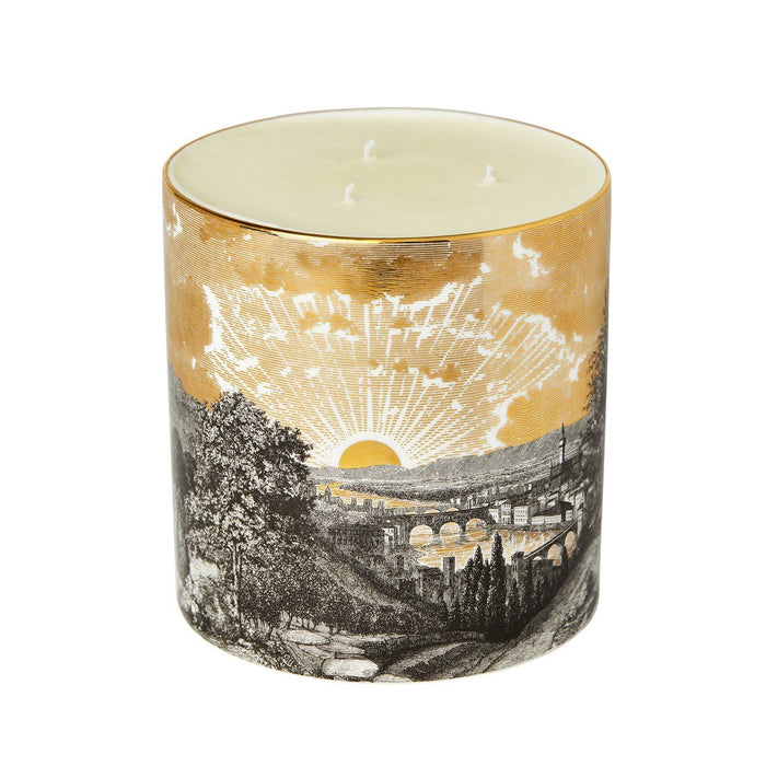 The Tuscan Sunset 3 Wick Scented ceramic candle lit, showing the warm glow of the flame in the fine china vessel