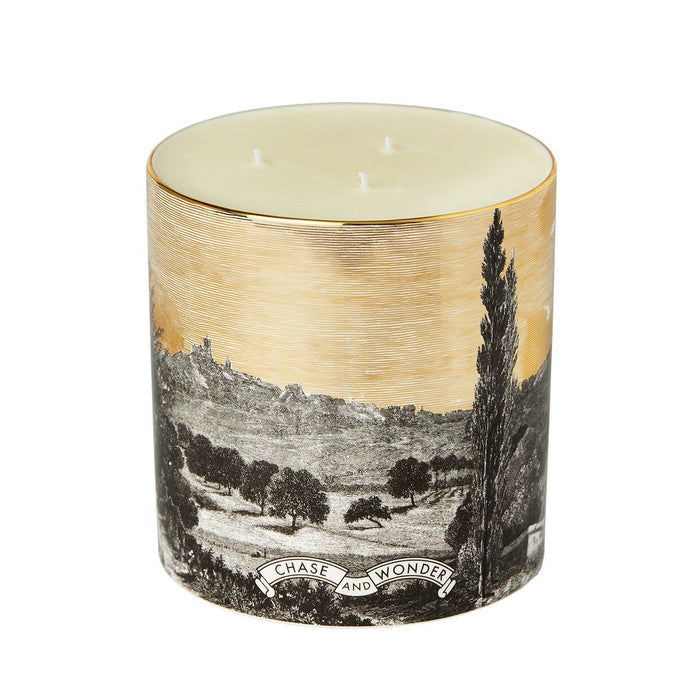 The Tuscan Sunset 3 Wick Scented ceramic candle by Chase and Wonder, fine china with 22ct gold