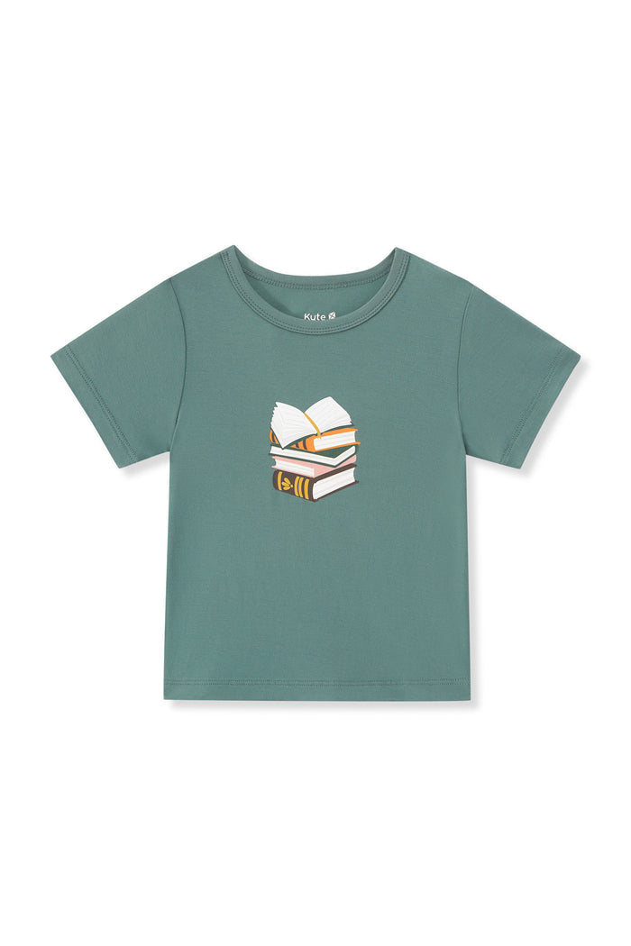 Pine Toddler Basic Tee in Book Club print on a white background