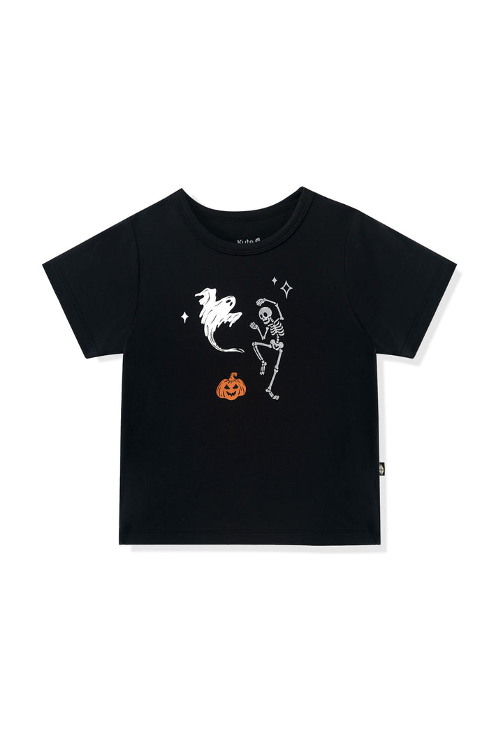 Black Toddler Basic Tee with Halloween Friends print in center on a white background