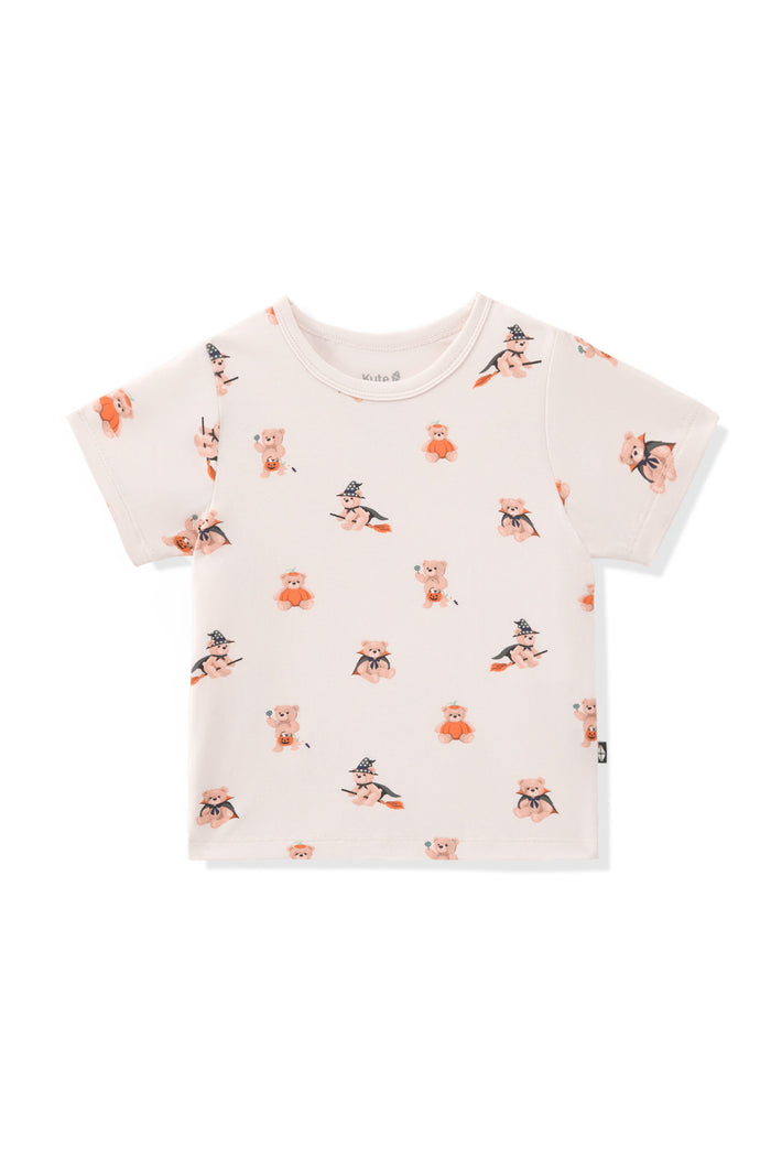Beige Toddler Basic Tee in Halloween Teddy print on a white background