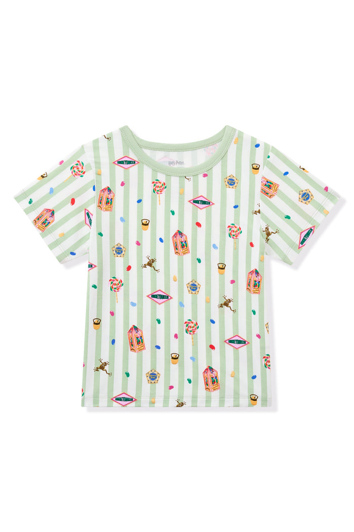 Green and white striped Toddler Basic Tee with colorful Harry Potter patterns on a white background