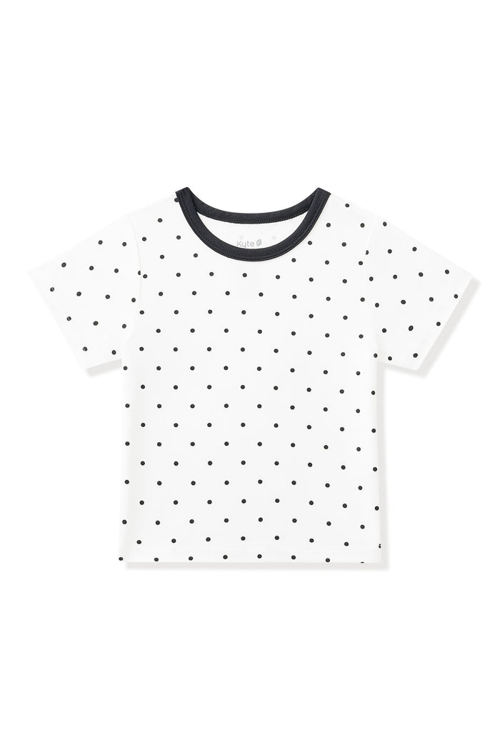 Toddler Basic Tee in Midnight Polka Dot with black piping on the neck on white background