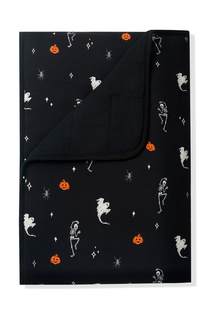 Black Toddler Blanket in Halloween Friends 1.0 print on a white background
