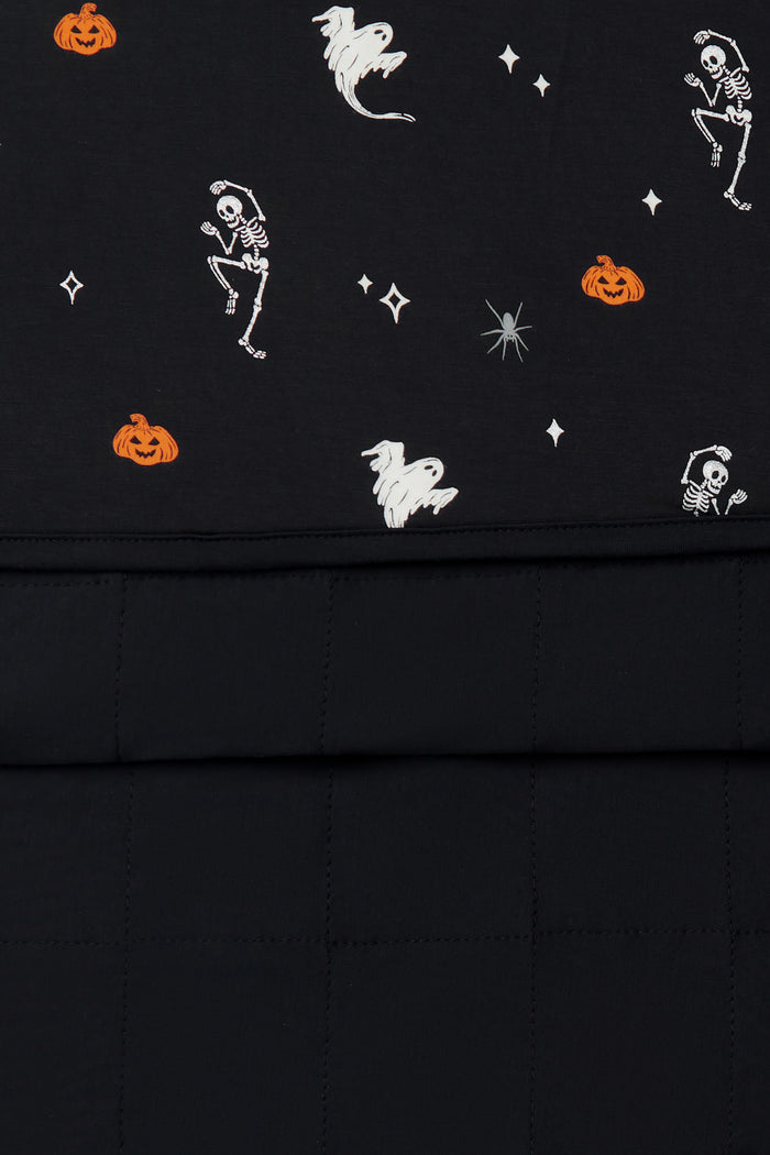 Front and back of Black Toddler Blanket in Halloween Friends 1.0 print