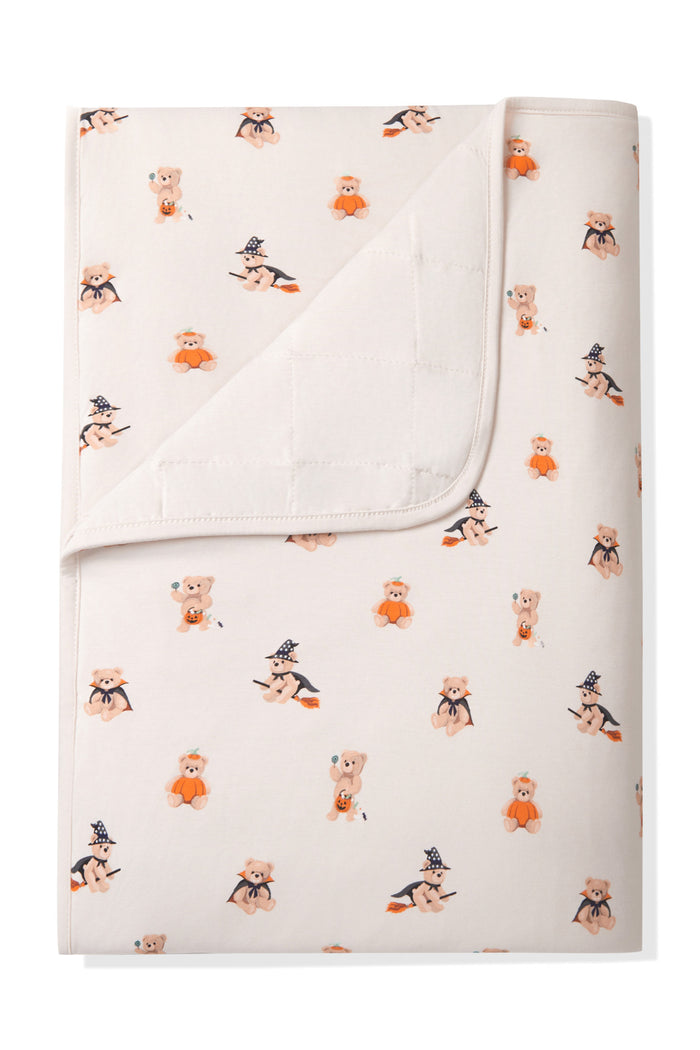 Beige Toddler Blanket in Halloween Teddy 1.0 print on a white a background