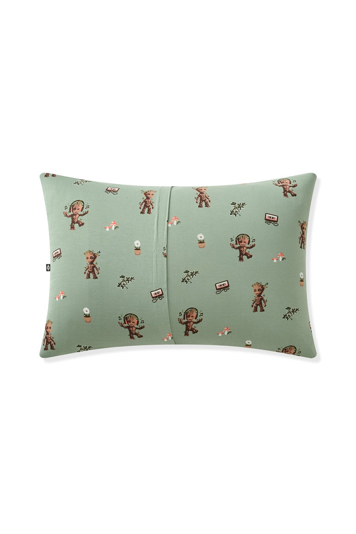 Back side of Green Toddler Pillowcase in Groot print on white background