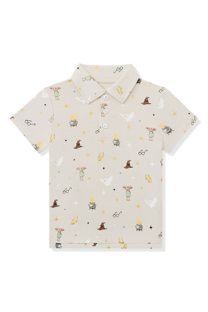 Beige Short-sleeve polo shirt with Harry Potter prints on a white background