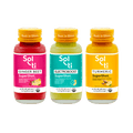 Three Sol-ti SuperShot glass bottles: GINGER BEET, ELECTROBOOST, and TURMERIC