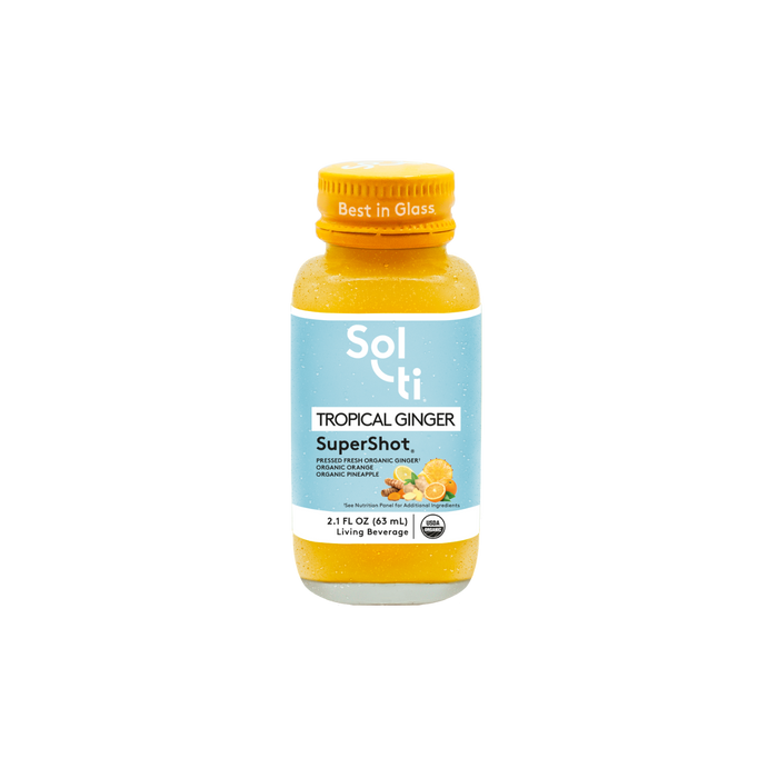 Sol-ti TROPICAL GINGER SuperShot Glass Bottle with a light blue front label, in  light background