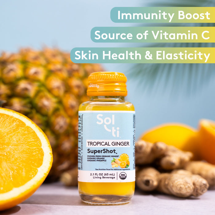 TROPICAL GINGER SuperShot bottle front label, benefits: Immunity boost, Vitamin C and Skin Health