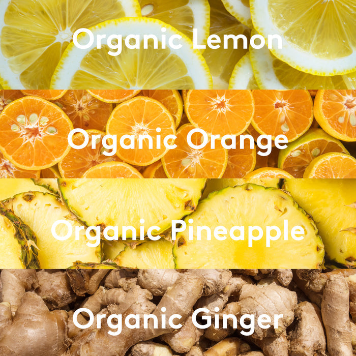 Ingredient visuals graphic listing organic lemon, orange, pineapple, and ginger
