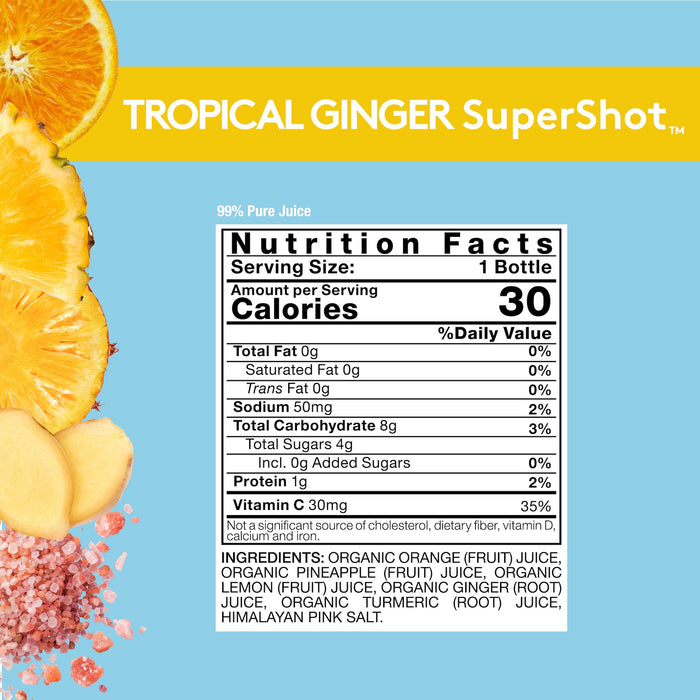 Blue background with TROPICAL GINGER SuperShot Nutrition Facts panel, details on product page