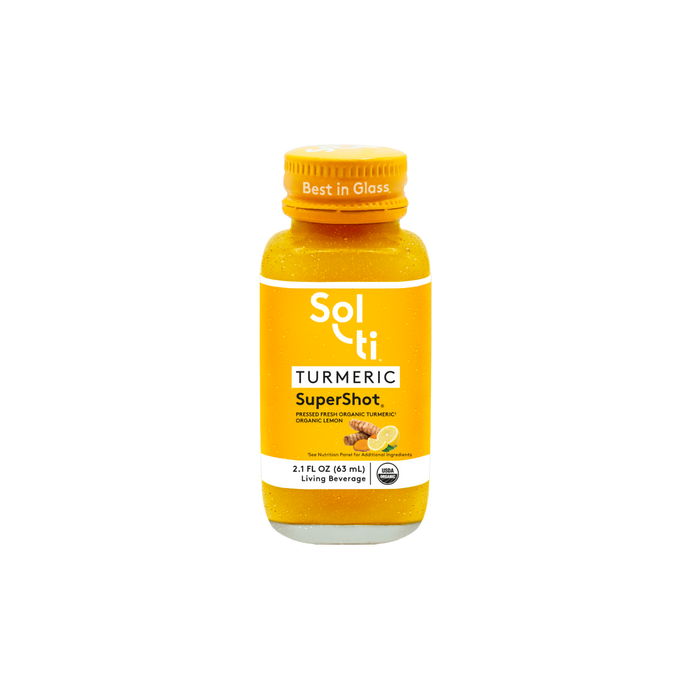 Sol-ti TURMERIC SuperShot Glass Bottle  with a bright yellow front label, in light background