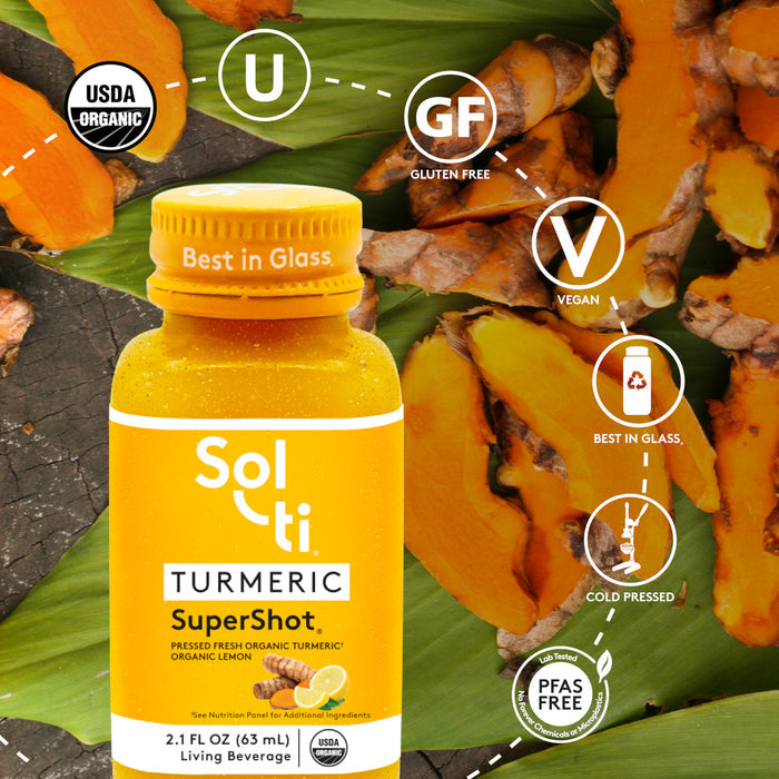 TURMERIC SuperShot; USDA Organic, kosher, gluten-free, vegan, glass bottle, cold-pressed, PFAS FREE