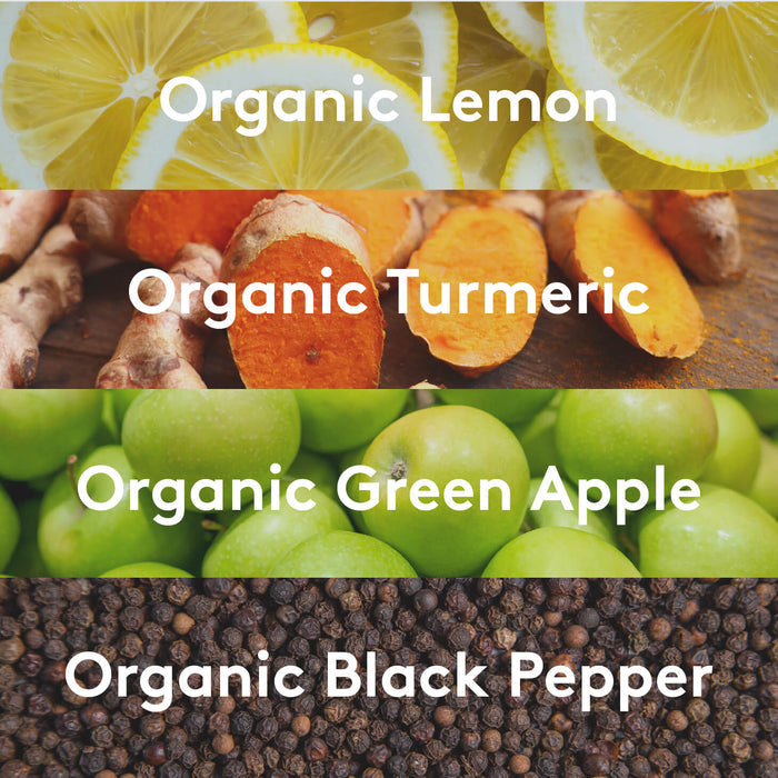 Ingredient visuals graphic listing organic lemon, turmeric, green apple, and black pepper