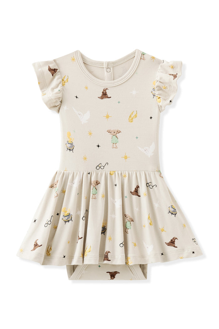 Beige Harry Potter patterned print twirl bodysuit dress on a white background