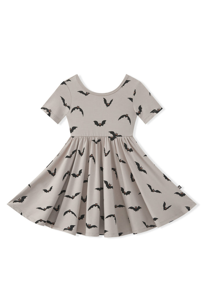Twirl Dress in Bats print on a white background