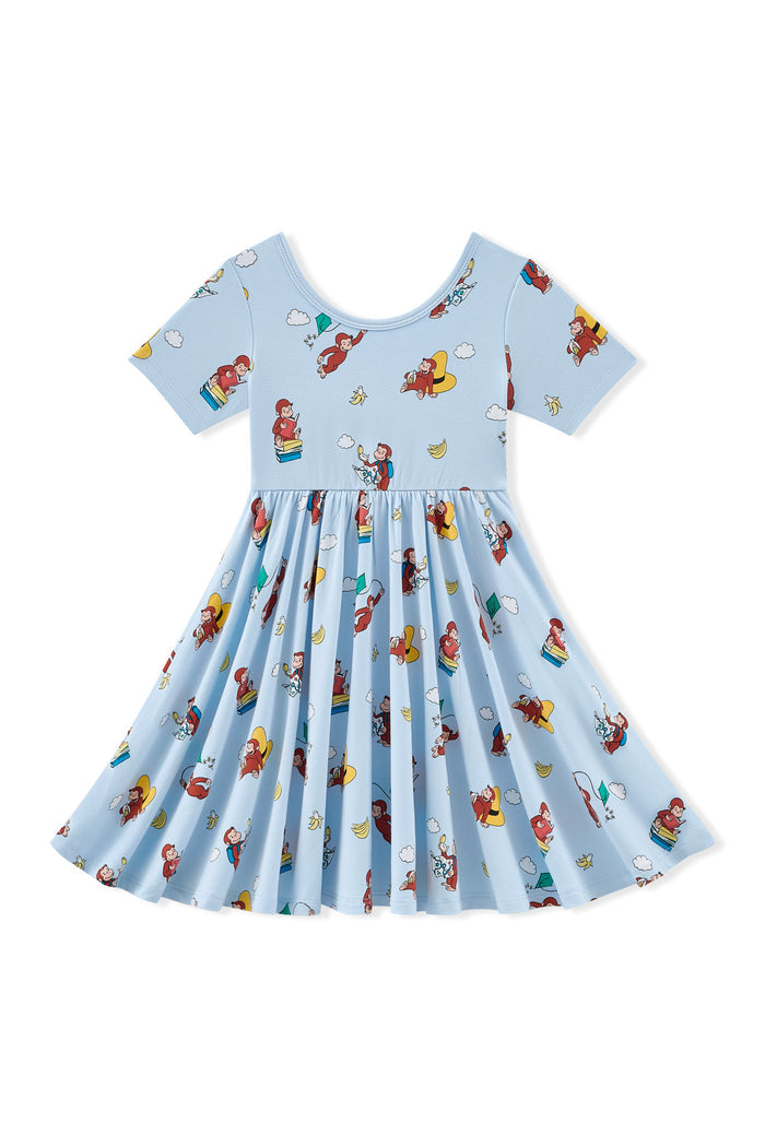 Blue Twirl Dress in Curious George print on a white background