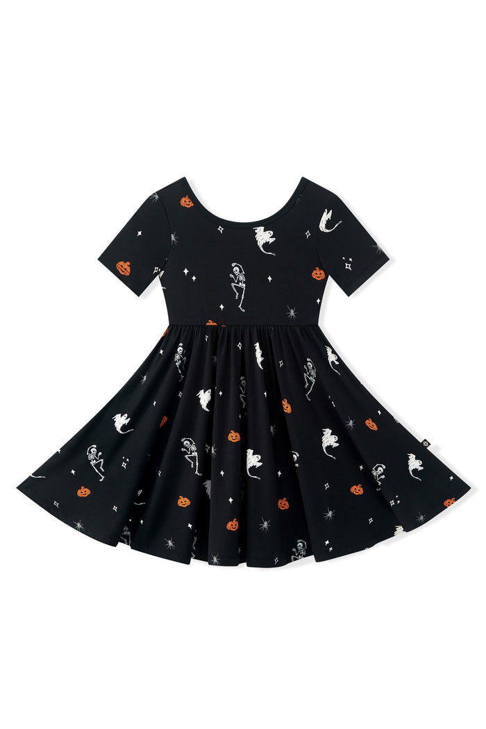 Black Twirl Dress in Halloween Friends print on a white background