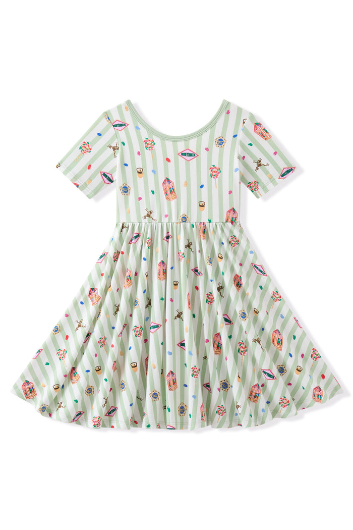 Green and white striped twirl dress with colorful Harry Potter patterns on a white background
