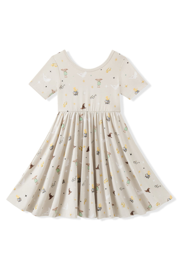 Harry Potter patterned twirl dress on a white background