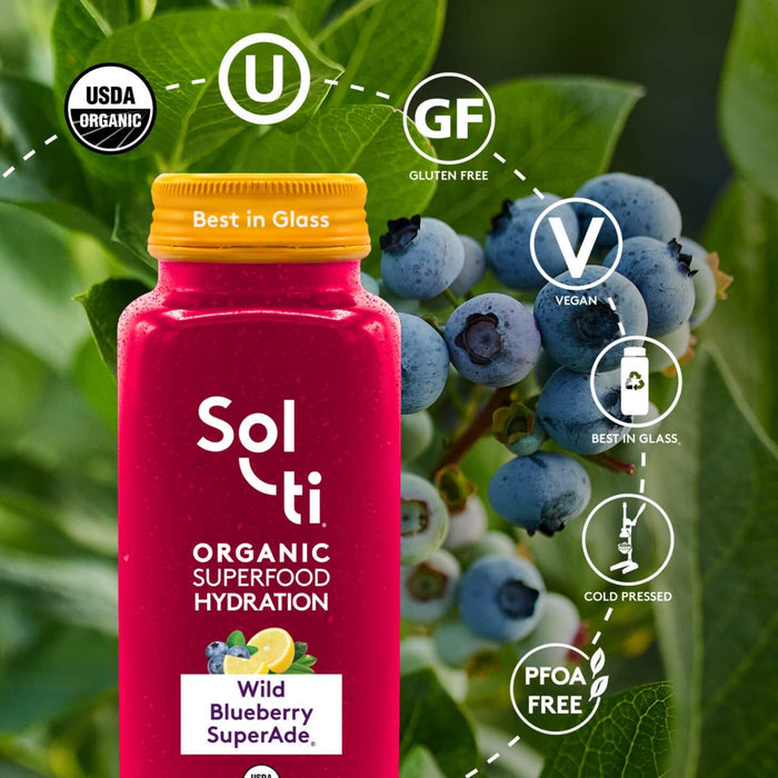 Wild Blueberry SuperAde; USDA Organic, kosher, gluten-free, vegan, glass bottle, cold-pressed, PFAS FREE
