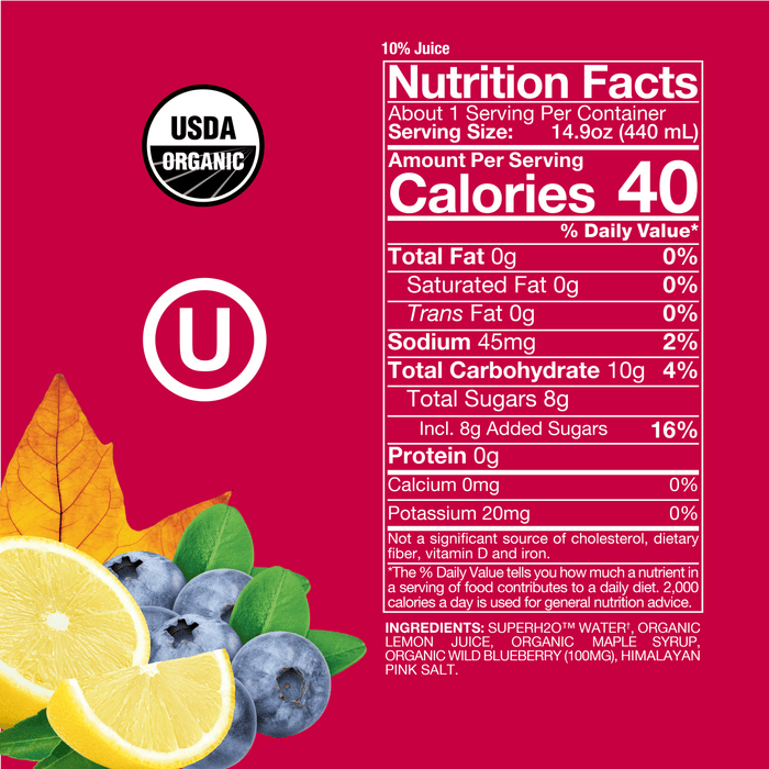 Red background with Wild Blueberry SuperAde Nutrition Facts panel, details on product page
