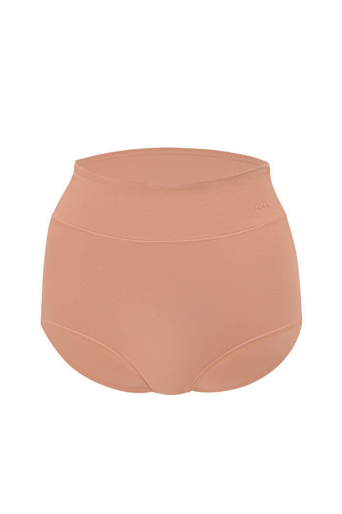 Women's High-Waisted Brief in Latte shown on a ghost mannequin