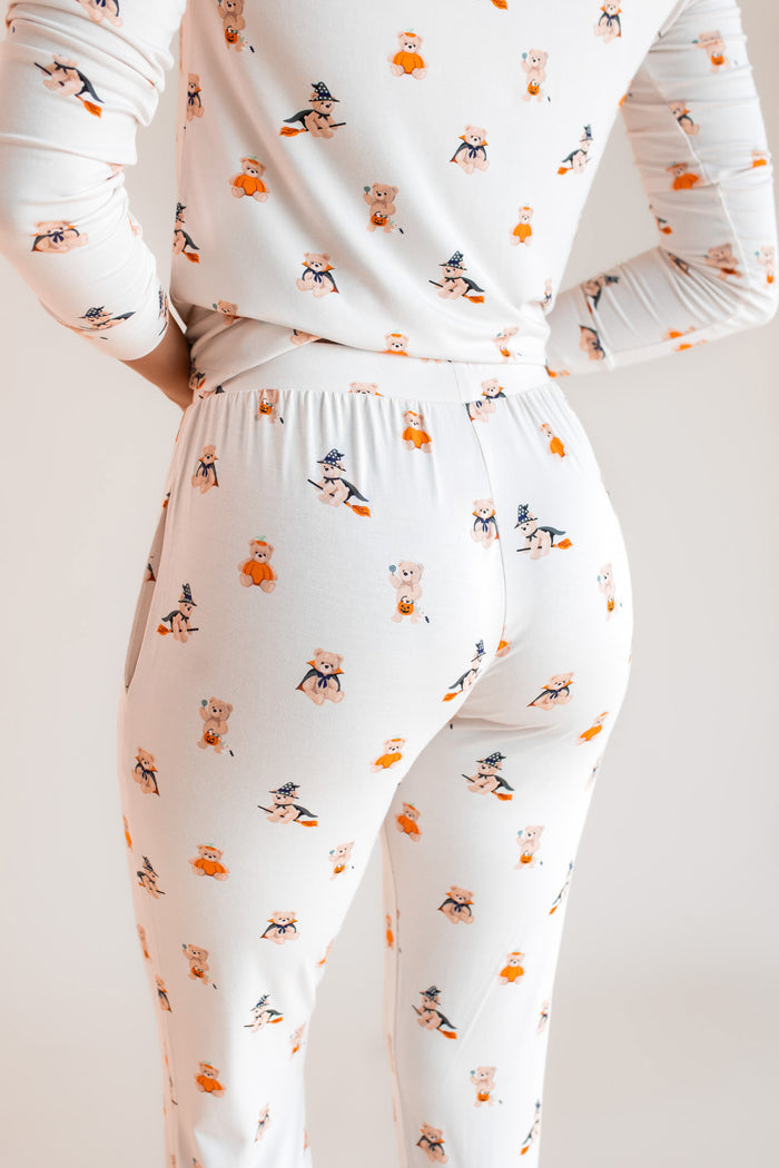 Modal showcasing the back side of Women's Jogger Pajama Set in Halloween Teddy print on a beige background