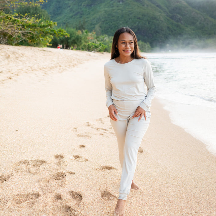 Woman wearing Women's Jogger Pajamas with Long Sleeve Top in Oat
