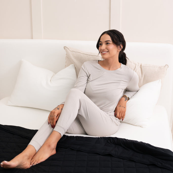 Woman wearing Women's Jogger Neutral Pajama Set in Oat