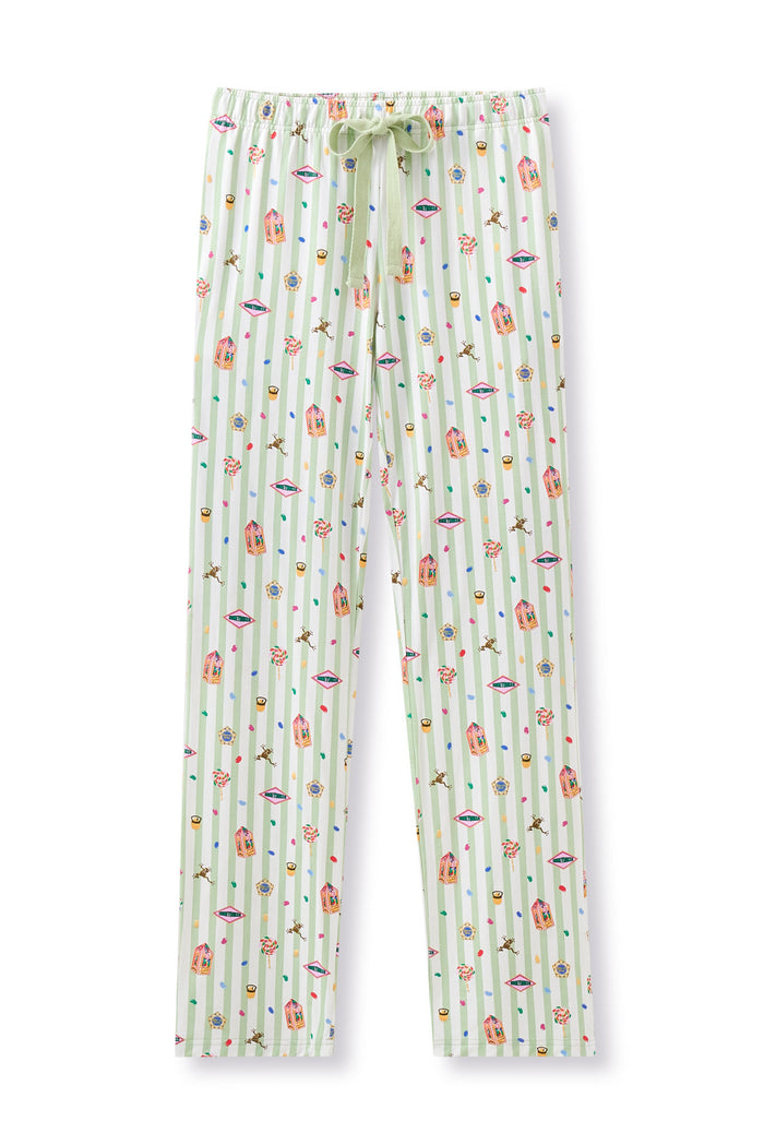 Green and white striped Women's lounge pants with colorful Harry Potter pattern print on a white background