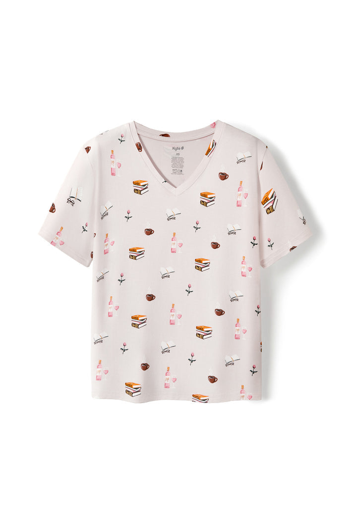Women's Relaxed Fit V-Neck with Book Club print on a white background
