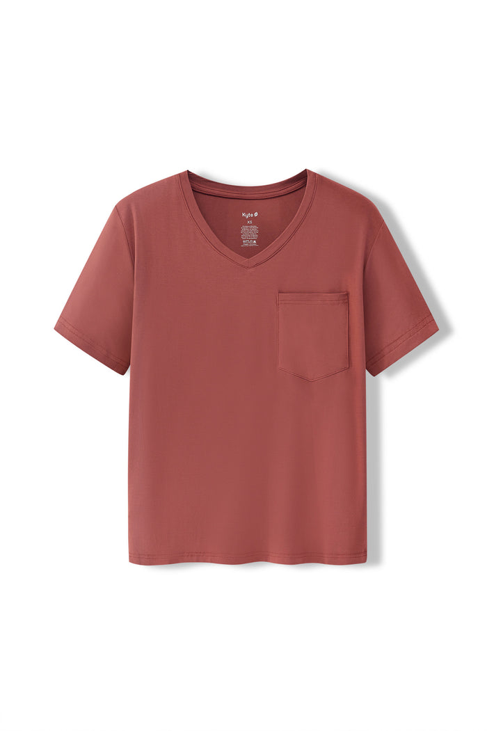 Women's Oversized V-Neck Tee in Ember on a white background
