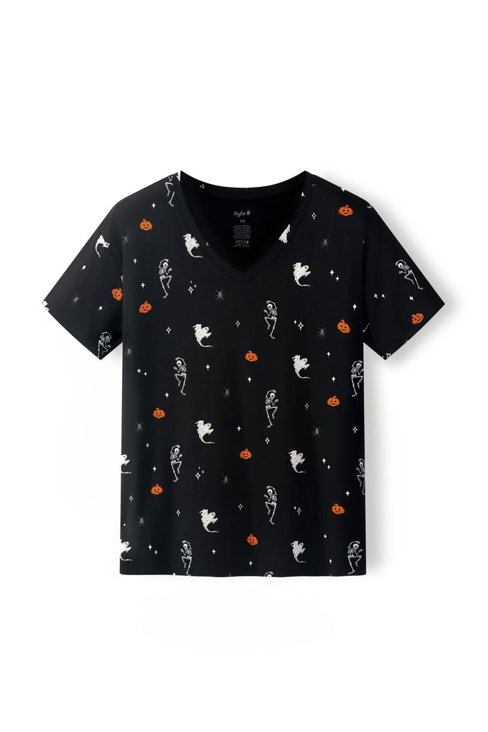 Black Women's Relaxed Fit V-Neck in Halloween Friends print on a white background