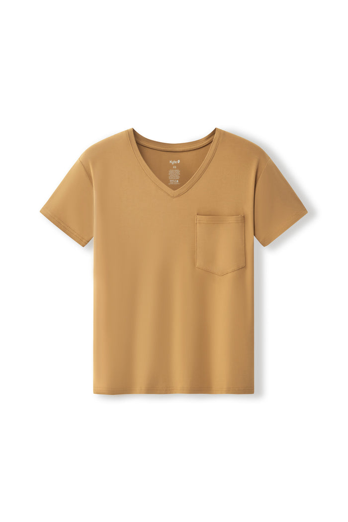Women's Oversized V-Neck Tee in Ochre on a white background