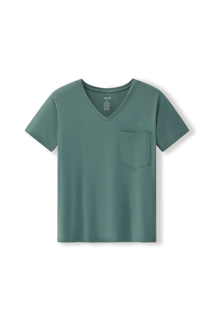 Women's Oversized V-Neck Tee in Pine on a white background