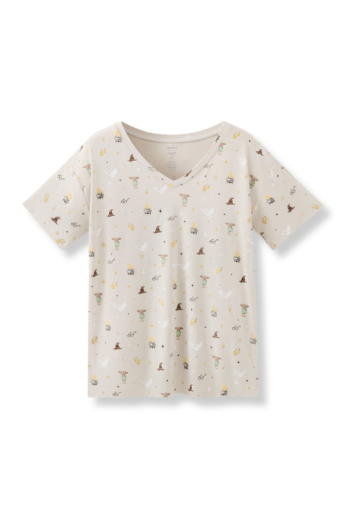 Beige Harry Potter patterned Women's Relaxed Fit V-Neck on a white background