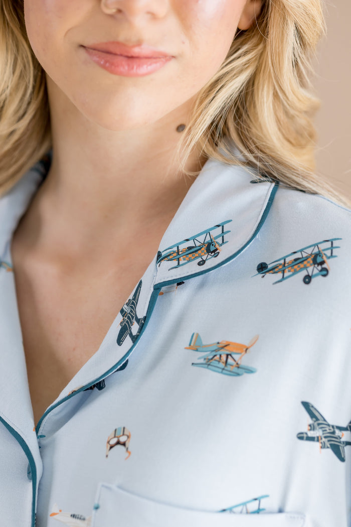 Close up of the trim on the collared neckline on the shirt of the Women's Short Sleeve Pajama Set in Take Off