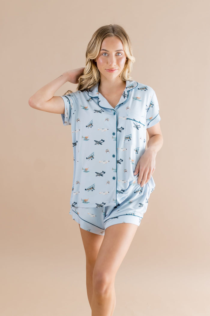 Female modeling the Women's Short Sleeve Pajama Set in Take Off